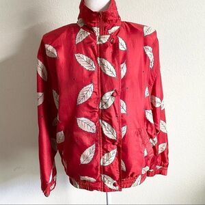 Anney Collection Vintage Red Silk Leaf Print Jacket Women's S Full Zip High Neck